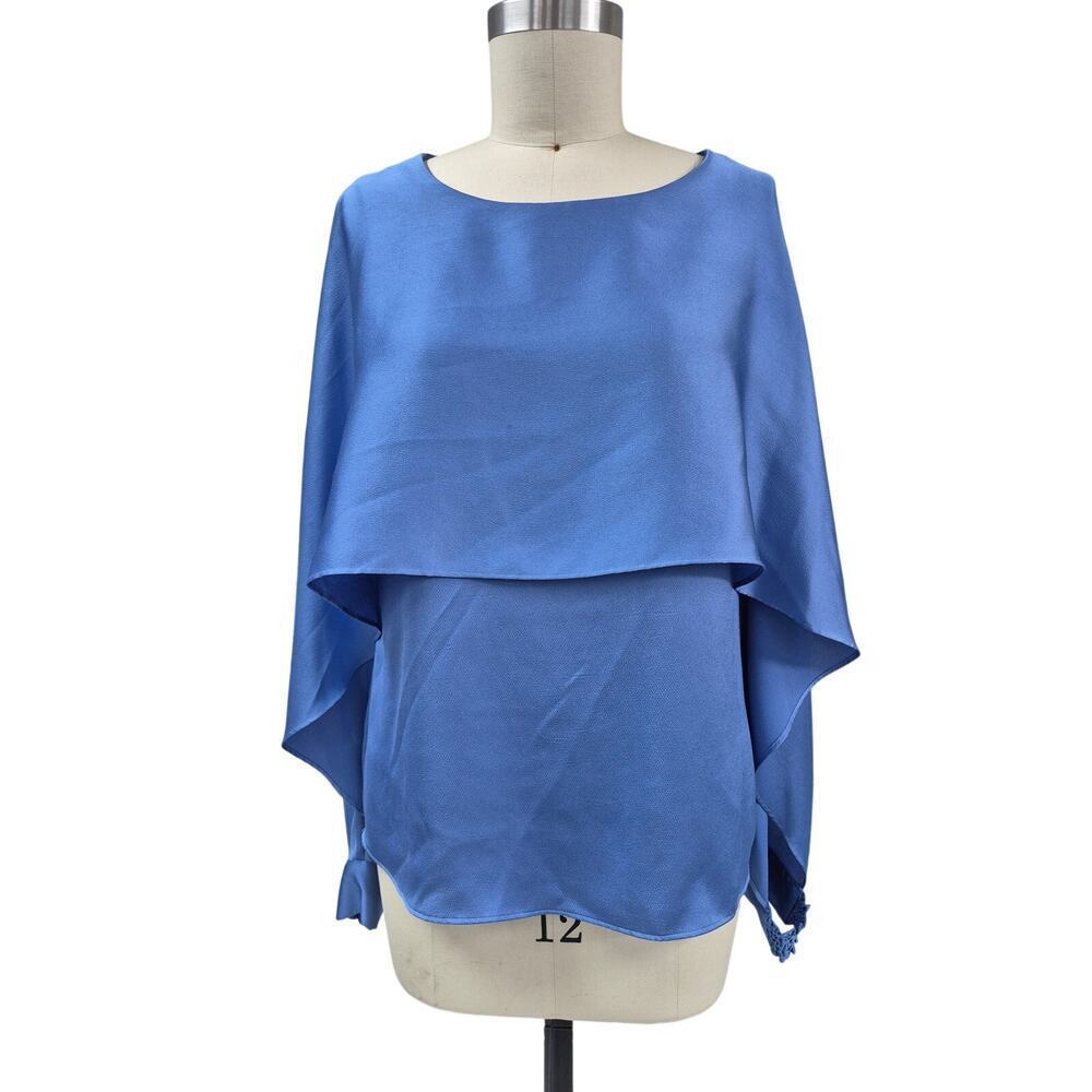 DKNY Sky Blue Cape Overlay Blouse Modern Minimalist Quiet Luxury L